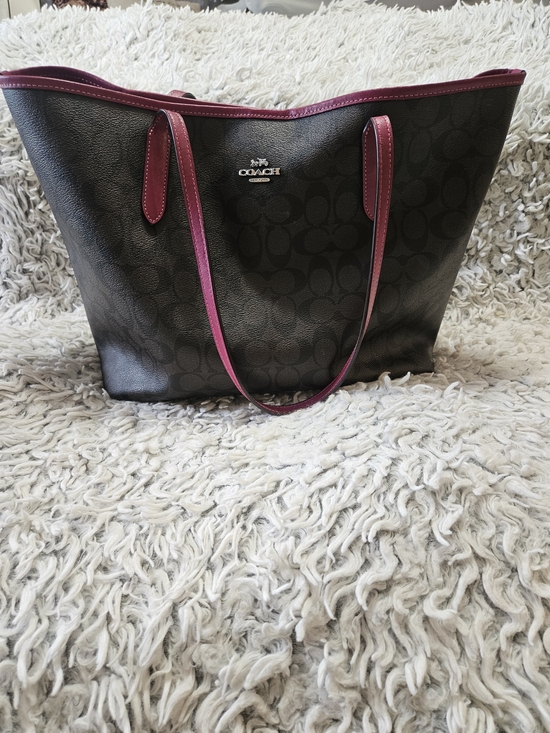 Coach Handbags - Coach Black Signature Tote with Berry Trim